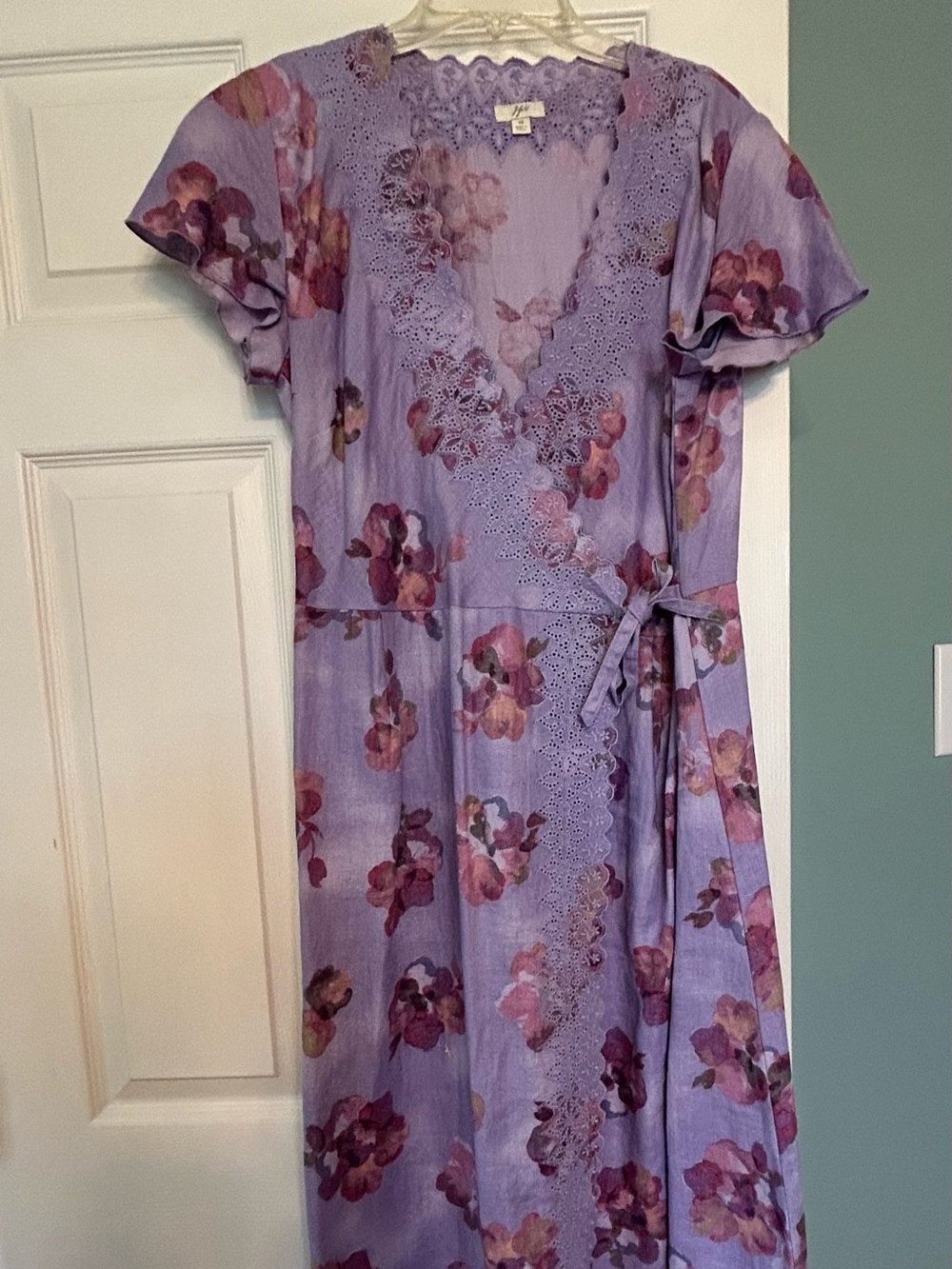 J. Jill Lavender Floral Wrap Dress with Pink & Mauve Blooms